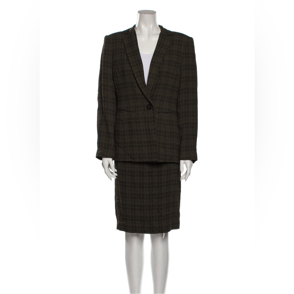 Oscar de la Renta houndstooth plaid olive green blazer skirt suit set